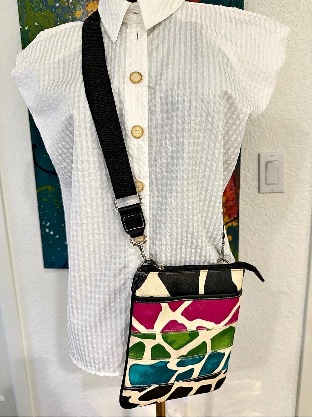 Multicolor Abstract Crossbody Bag Green, Black, White and Pink Small crossbody b